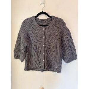 Ann Taylor 3/4 sleeve Chunky cable-knit cardigan grey alpaca wool blend Small